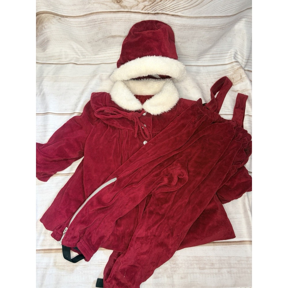Vintage‎ Child 3 Piece Snow Suit Coat Red Velvet 60s 18months Hat Coat Pants